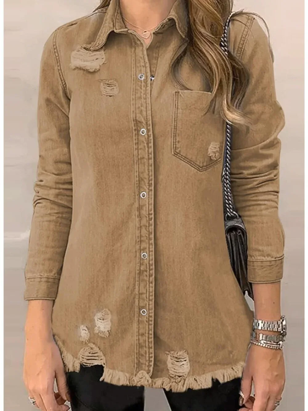Women's Brown Denim Button Down Oversized Distressed Boyfriend Jean Jacket